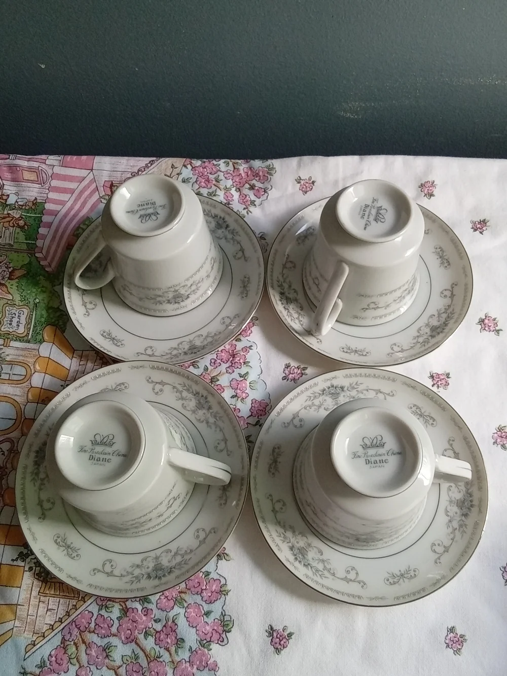 Fine Porcelain China Diane Japan Tea‎ Cup and Saucer Set of 4 Grey Floral Silver
